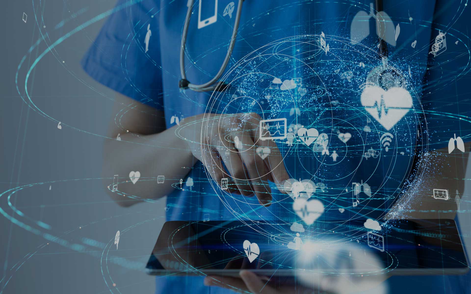 Image of nurse surrounded by digital globe of healthcare icons