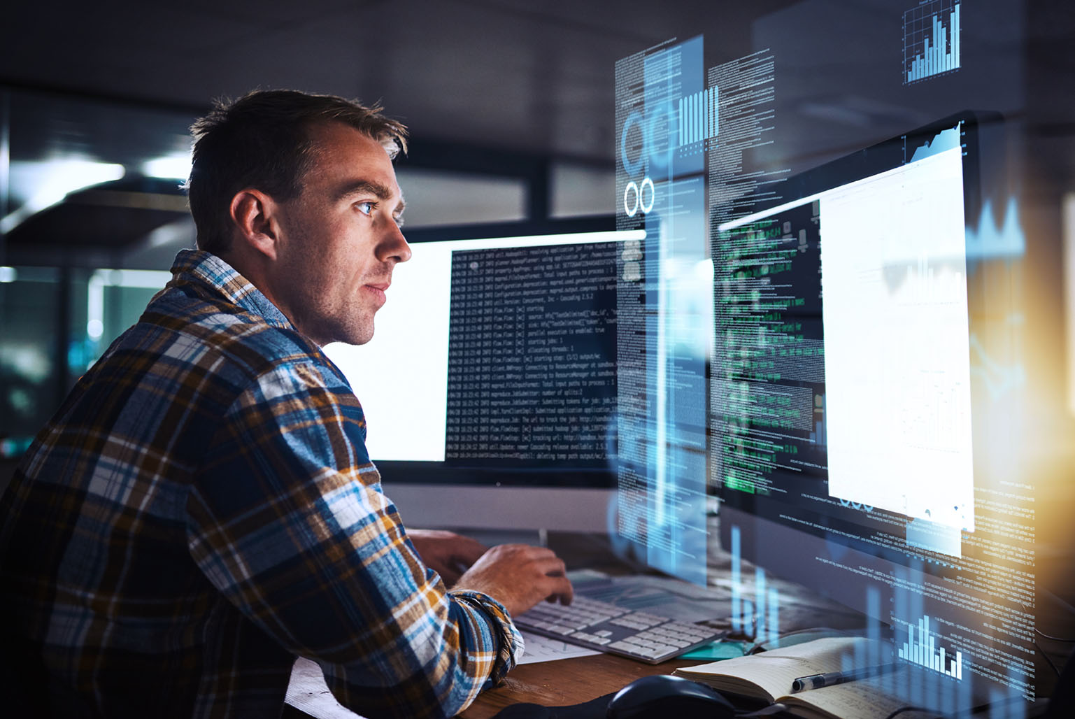 man looking at computer files